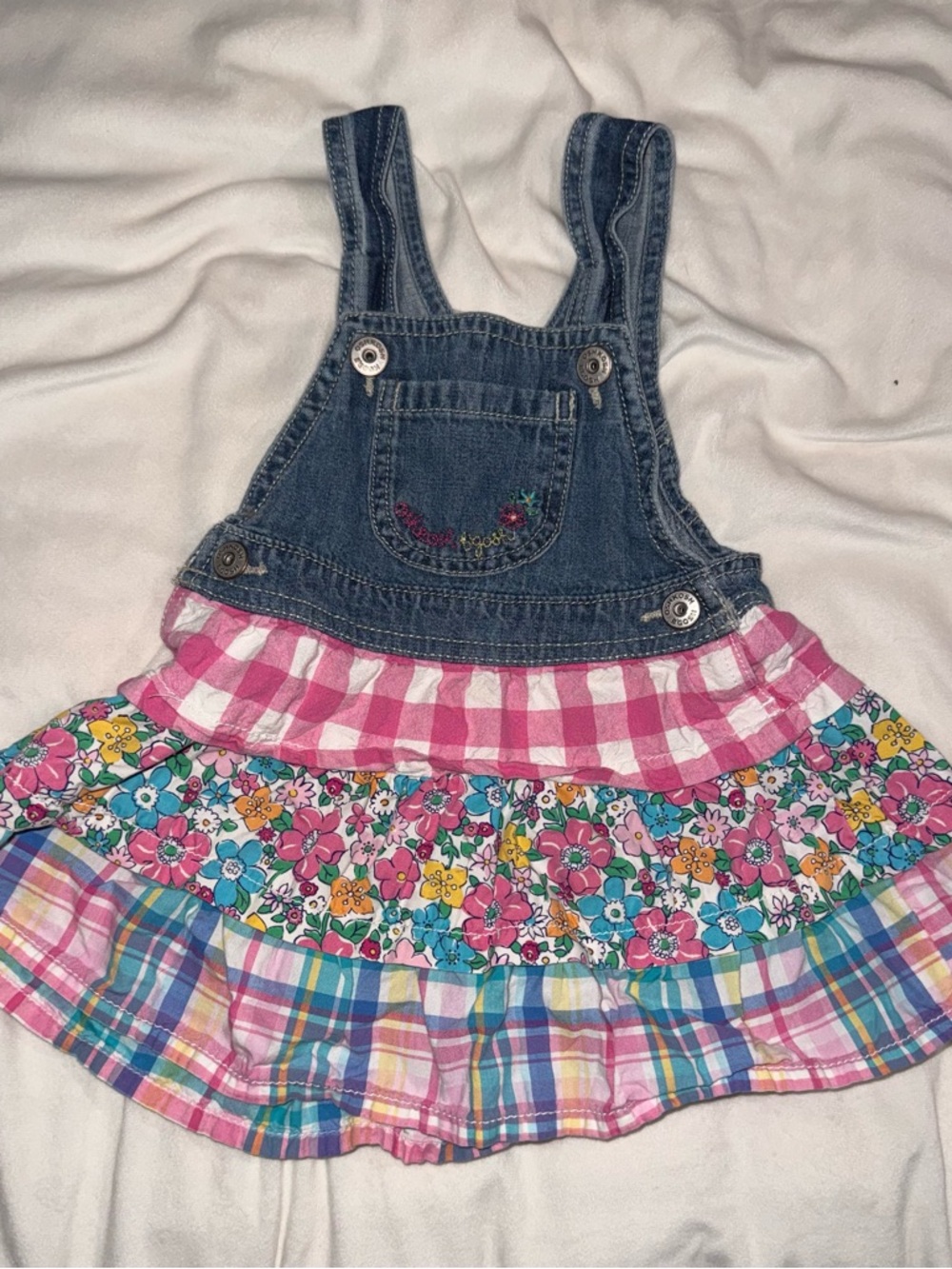 Oshkosh Denim & Floral Pink Tiered Overall Dress for Girls
